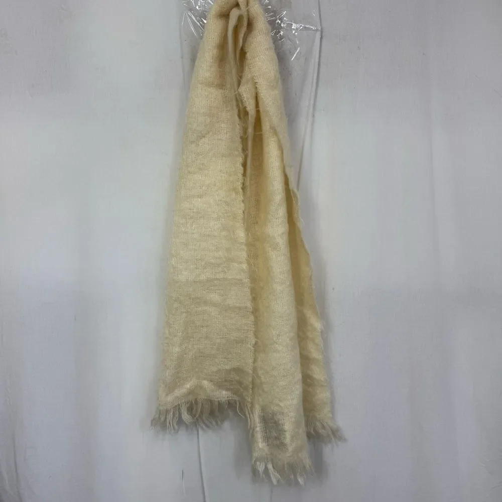 Antartex Vintage Cream Fringe Hem Mohair Wool Blend Rectangular Textured Scarf